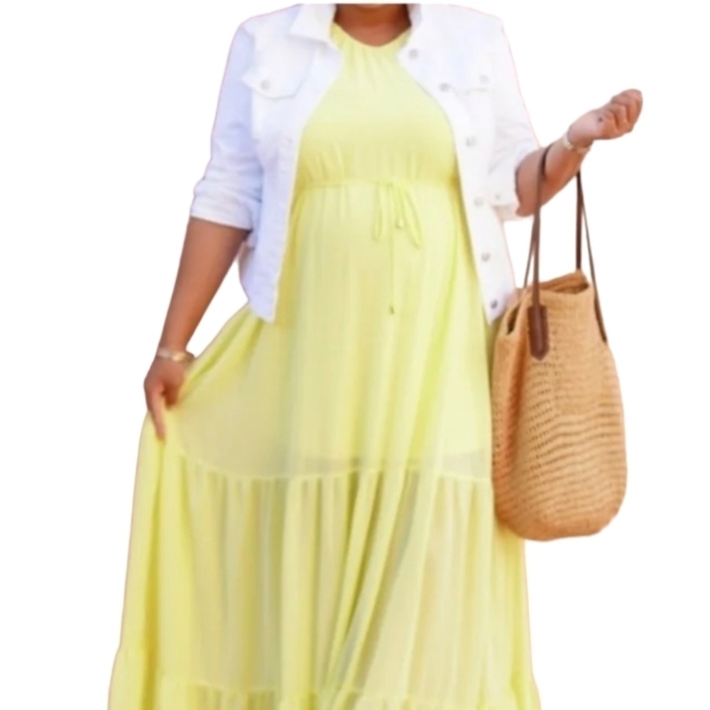 Buttery yellow chiffon flowy t back fairycore belted maxi sun dress sz 2 - Picture 4 of 13